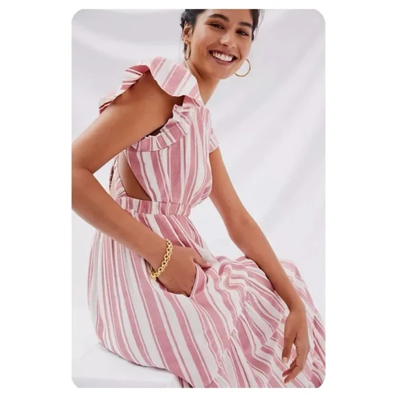 NWOT Anthropologie Maeve Cross Back Halter Tiered Maxi Dress in Red & White  S